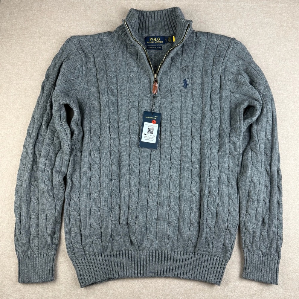 Polo Ralph Lauren Sweater Mens Small Custom Slim Fit Gray Cable Knit 1/4 Zip